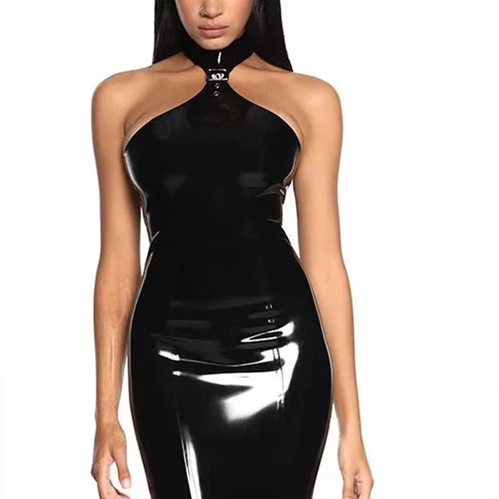 Ladies' oversized shiny faux leather dress, elegant sleeveless backless party dress