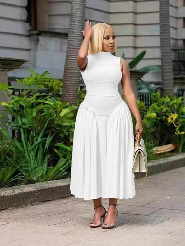 Sleeveless Dresses for Women Pleated Casual Dress Corset Waist Elegant Fashion Ladies Summer Dresses Wholesale Dropshipping