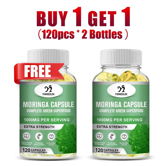 Buy 1 Get 1 Free! Premium Moringa Oleifera Supplement, for Skin Glow, Energy & Blood Sugar Balance, Powerful Detox, Women & Men
