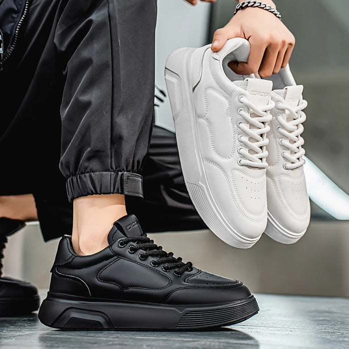 Men's Simple Preppy Style Black Leather Spliced Front Strap Skateboard Shoes, Outdoor Casual, Comfortable and Versatile Sports S