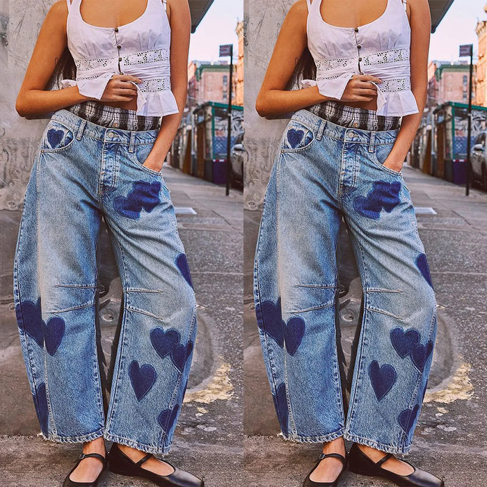 Women's Wide Leg Jeans Trendy Ladies Washed Denim Pants Chic Heart Print Jeans Modern Relaxed Fit Denim Bottoms Fashion Jeans