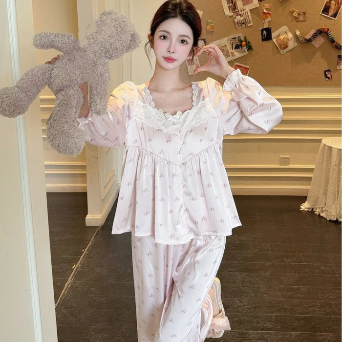 Women Elegant Lace Square Collar 2PCS Pajamas Suit Loungewear Vintage Princess Style Homewear Top Pants Rayon Nightwear
