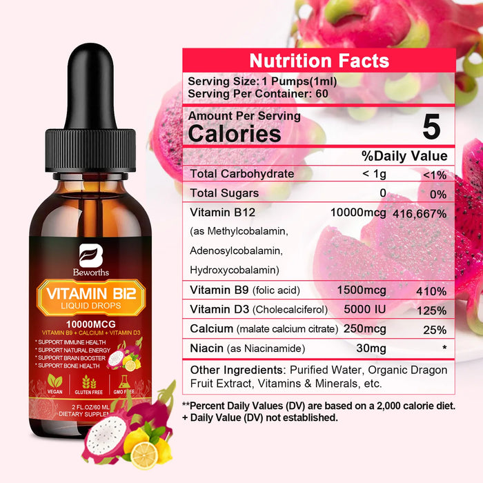 BEWORTHS Vitamin B12 and Vitamin D3 Drink Vitamin Complex Supplements Immune and Intestinal Digestive Health Brain &Heart Health