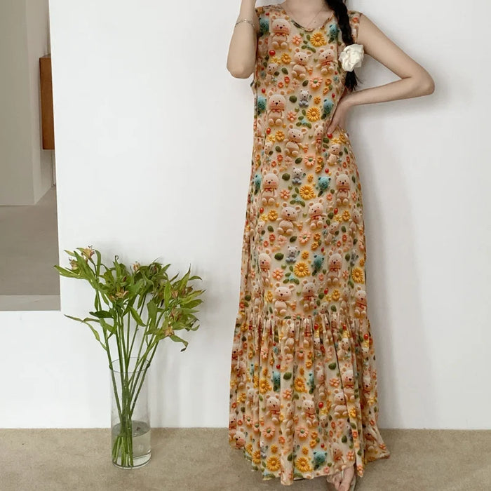 Ladies Summer Spwear Cotton Silk Thin Svel Casual Long Dr round Ne Single Button Print Home Comfortable Faion...