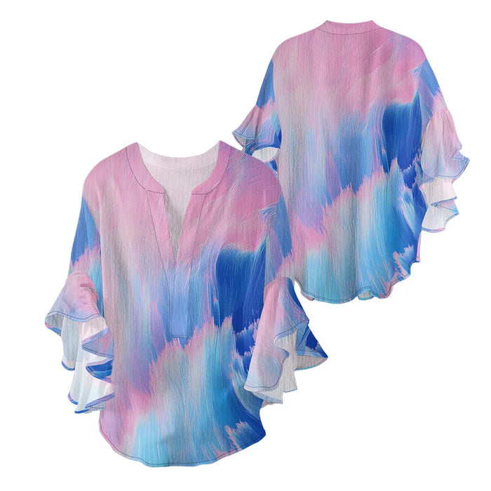 Women's Bohemian Style Blouse Light Blue White Gradient Color Print V-Neck Ruffled Bell Sleeve Chiffon Shirt for Summer Fashion