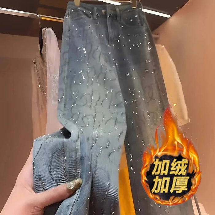 Blue Heavy Embellied Design Women's Jeans Loose Fit Straight Leg Wide Leg Pants Versatile Slimming Spring Summer New Arrival