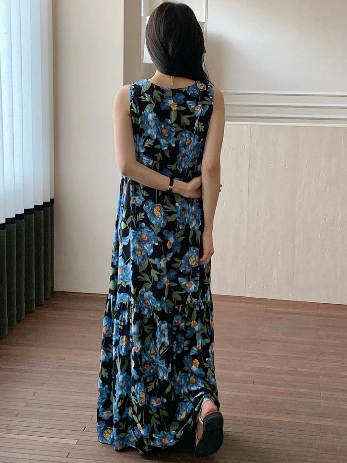 Ladies Summer Spwear Cotton Silk Thin Svel Casual Long Dr round Ne Single Button Print Home Comfortable Faion...