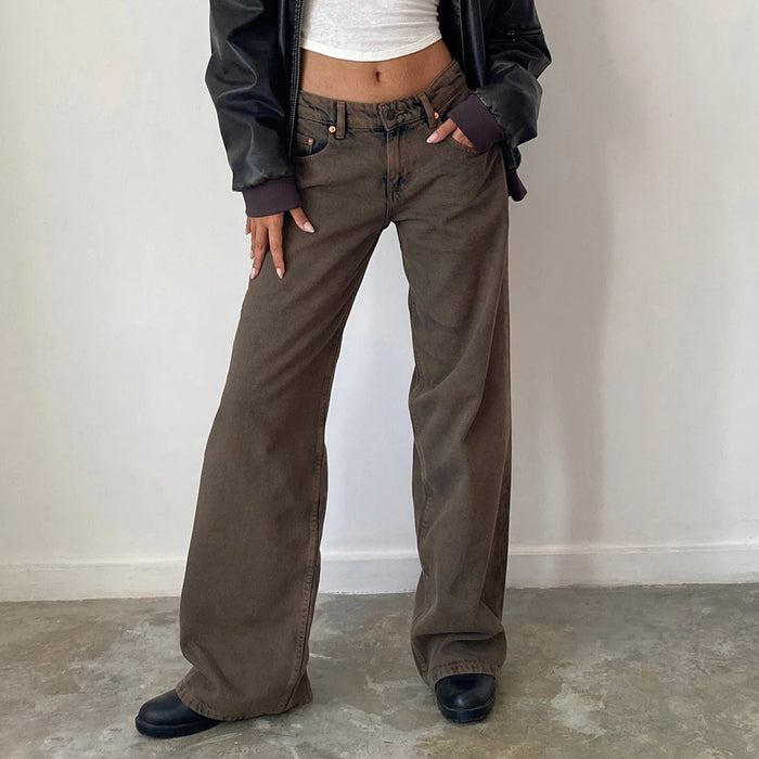 Women's versatile jeans, aesthetic solid color low rise zipper button trousers with pockets for everyday street wear