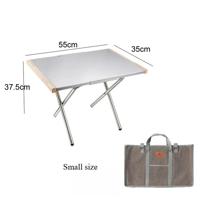 Portable Outdoor Camping Table with Storage Bag, Stainless Steel, Wooden Side, BBQ and Picnic