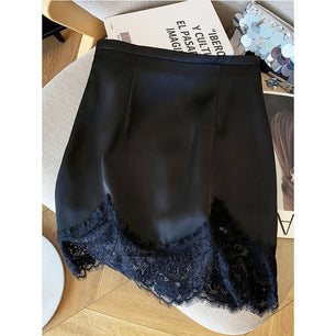 Ladies Fashion Lace Patchwork Satin A-line Skirt Summer High Waist Solid Color Temperament Skirt Women Clothes Simplicity Skirt