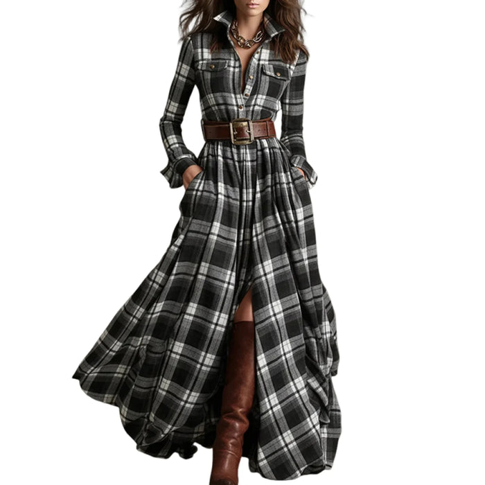 Ladies' High-end Fashion French Vintage Check Waist-cinching Slimming Asymmetrical Long-sleeved Dress Chic Streetwear Clothes