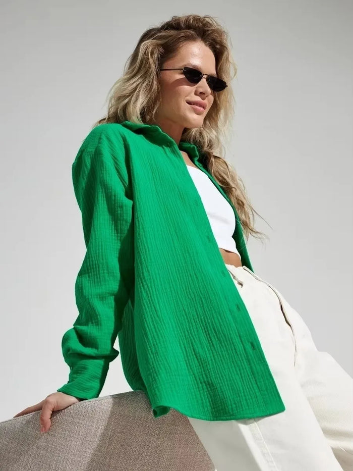 Women Blouse Long Sleeve Shirts Autumn 100% Cotton Loose Tops Lady Crepe Blouses Oversized Shirts 8 Colours Hemd Shirt S02
