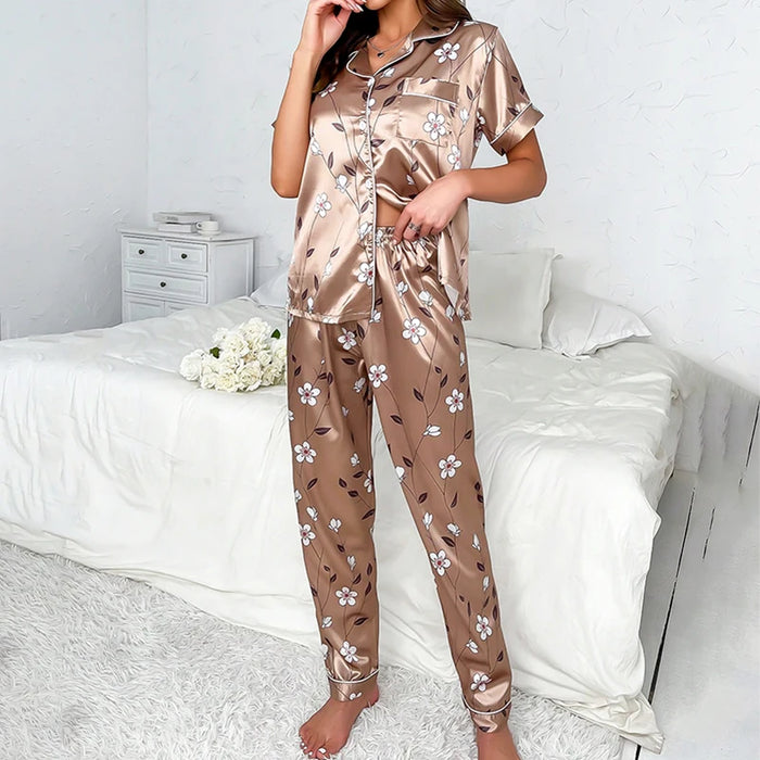Ladies Floral Print Pajamas Set Autumn Short Sleeve Buttons Top & Elastic Waistband Pants Women's Sleepwear Loungewear Pj Sets
