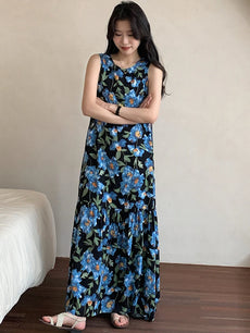 Ladies Summer Spwear Cotton Silk Thin Svel Casual Long Dr round Ne Single Button Print Home Comfortable Faion...