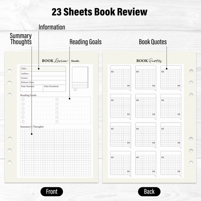 A5 Reading Journal Refill Paper, 6 Holes Binder Insert Pages for Book Log Review, Reading Planner Supplies, Gift for Book Lovers